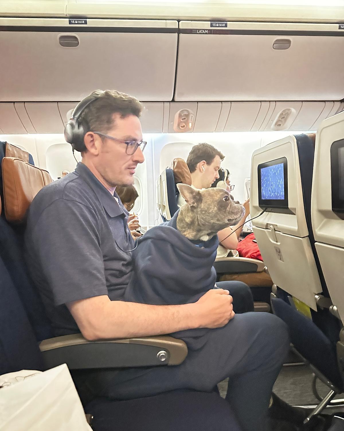 Tutor viajando na cabine do avião com seu pet no colo, cliente da Pet Viajante