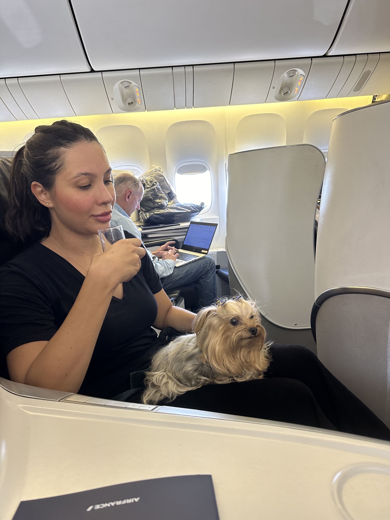 Luanna Silva, fundadora da Pet Viajante, viajando na cabine do avião com sua cachorra Hope